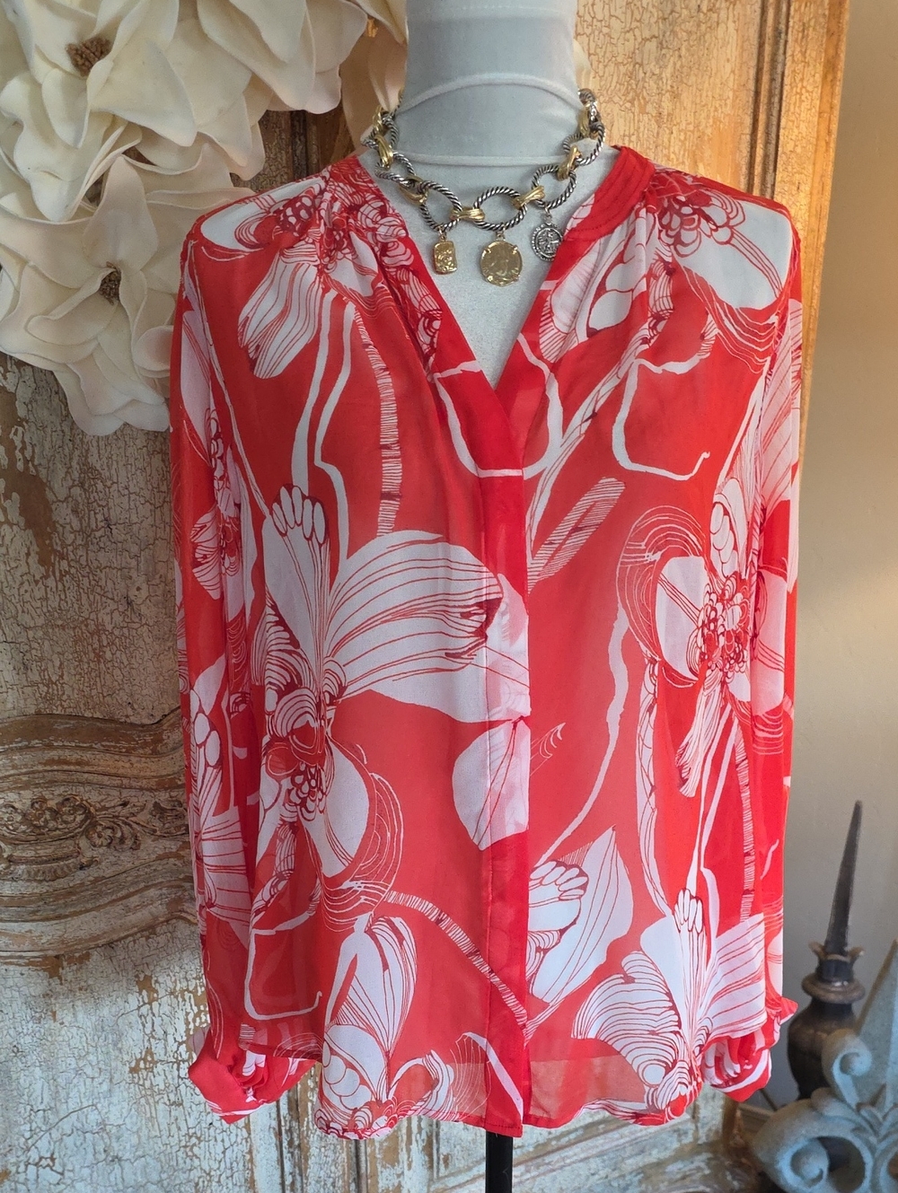 Chico's Red and White Floral Top